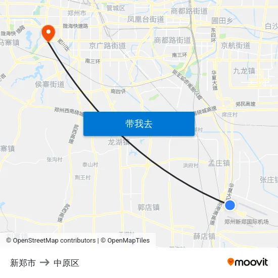 新郑市 to 中原区 map