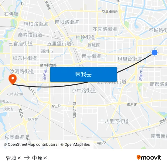 管城区 to 中原区 map