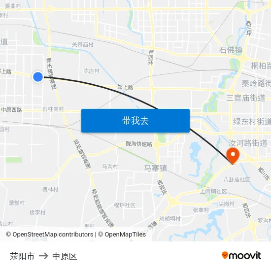 荥阳市 to 中原区 map