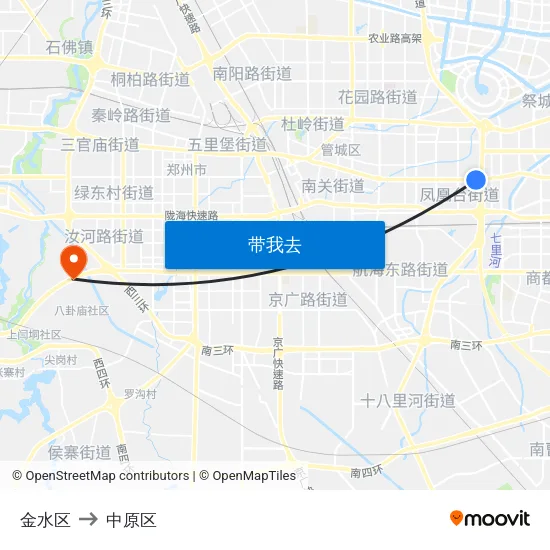 金水区 to 中原区 map