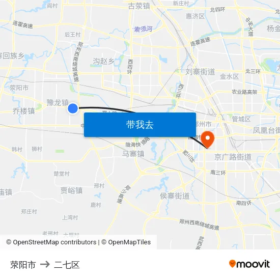 荥阳市 to 二七区 map