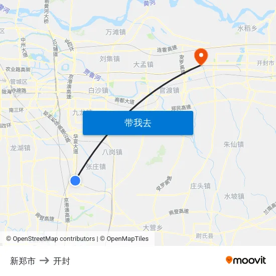 新郑市 to 开封 map