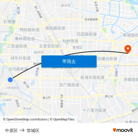 中原区 to 管城区 map