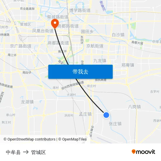 中牟县 to 管城区 map