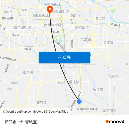 新郑市 to 管城区 map
