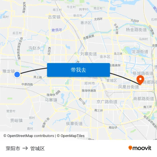 荥阳市 to 管城区 map