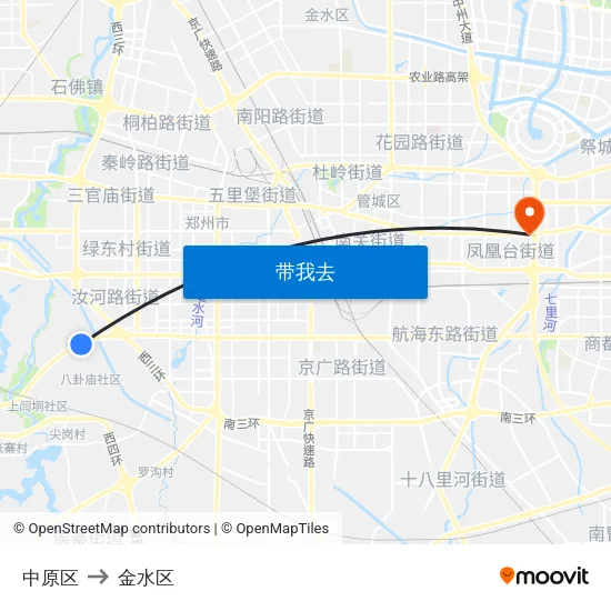 中原区 to 金水区 map