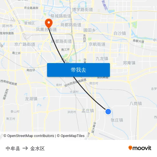 中牟县 to 金水区 map