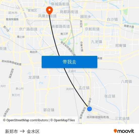 新郑市 to 金水区 map