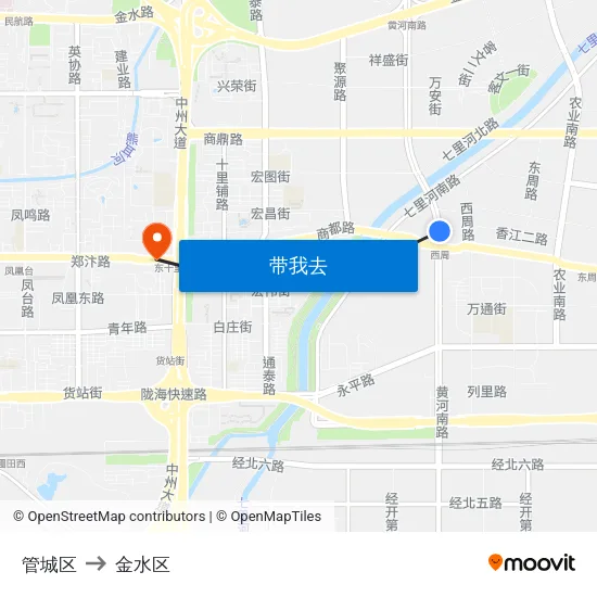 管城区 to 金水区 map