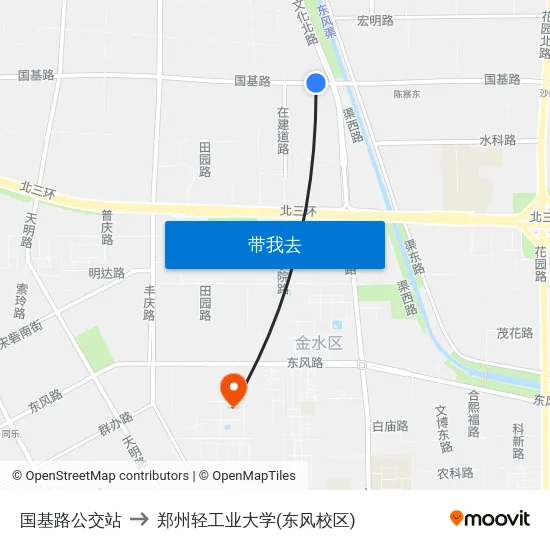 国基路公交站 to 郑州轻工业大学(东风校区) map