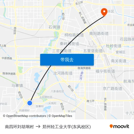 南四环刘胡垌村 to 郑州轻工业大学(东风校区) map