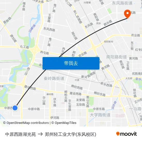 中原西路湖光苑 to 郑州轻工业大学(东风校区) map