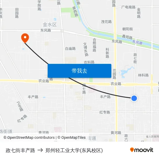 政七街丰产路 to 郑州轻工业大学(东风校区) map
