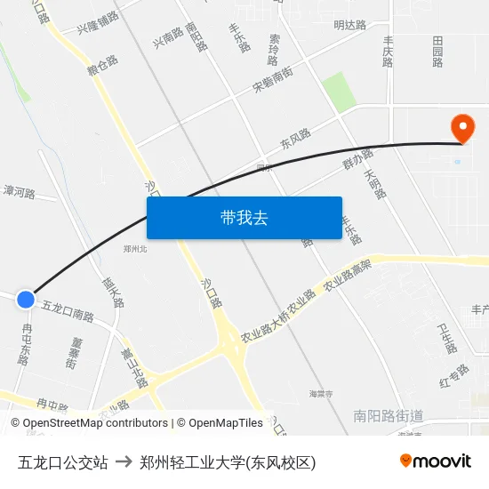 五龙口公交站 to 郑州轻工业大学(东风校区) map