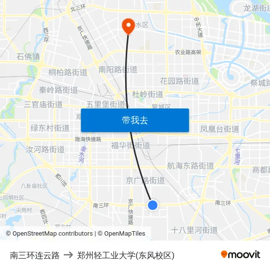 南三环连云路 to 郑州轻工业大学(东风校区) map