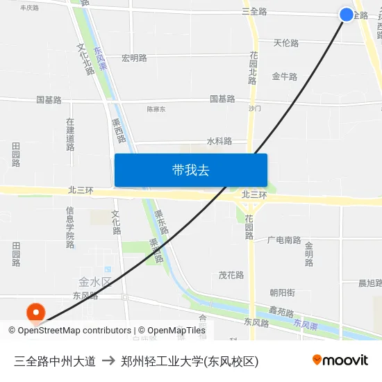 三全路中州大道 to 郑州轻工业大学(东风校区) map