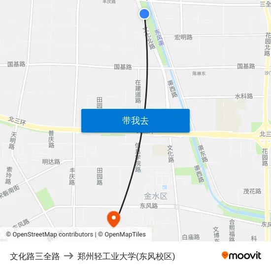 文化路三全路 to 郑州轻工业大学(东风校区) map