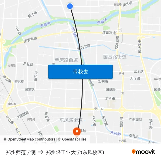 郑州师范学院 to 郑州轻工业大学(东风校区) map