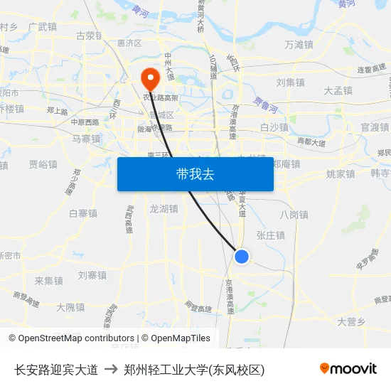 长安路迎宾大道 to 郑州轻工业大学(东风校区) map