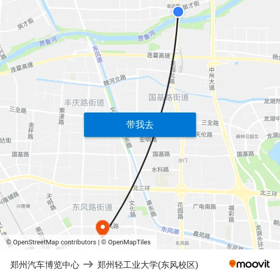 郑州汽车博览中心 to 郑州轻工业大学(东风校区) map