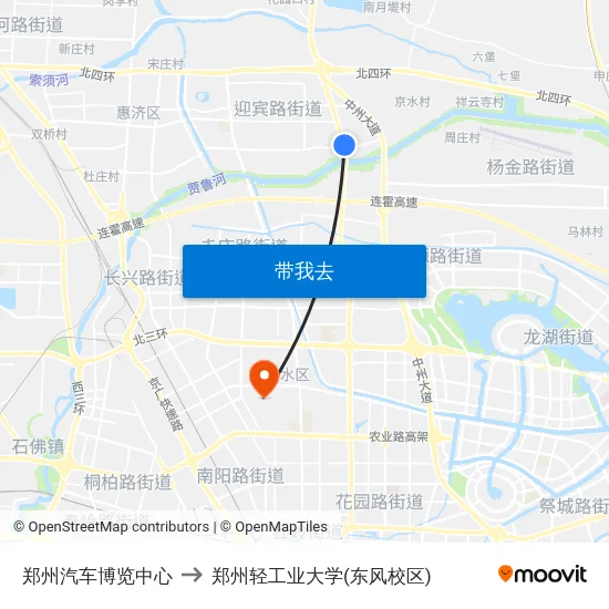 郑州汽车博览中心 to 郑州轻工业大学(东风校区) map