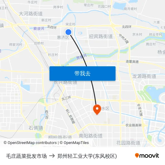 毛庄蔬菜批发市场 to 郑州轻工业大学(东风校区) map