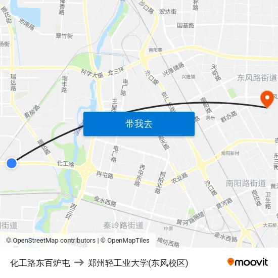 化工路东百炉屯 to 郑州轻工业大学(东风校区) map