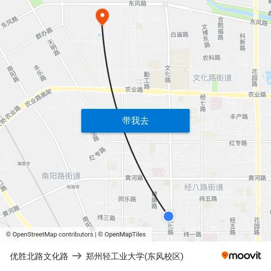 优胜北路文化路 to 郑州轻工业大学(东风校区) map