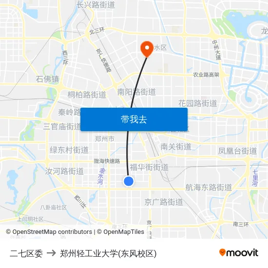 二七区委 to 郑州轻工业大学(东风校区) map