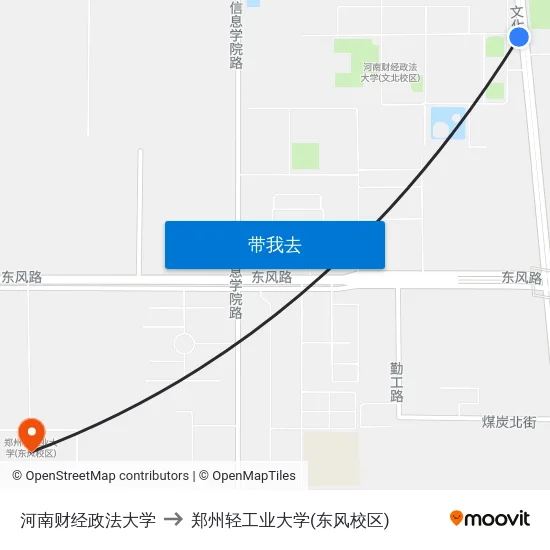 河南财经政法大学 to 郑州轻工业大学(东风校区) map