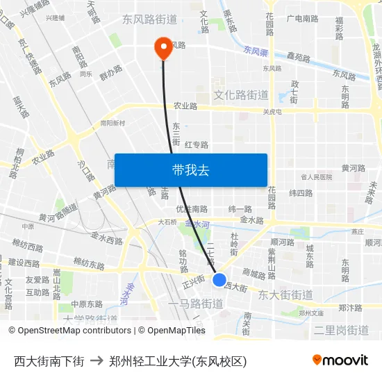 西大街南下街 to 郑州轻工业大学(东风校区) map