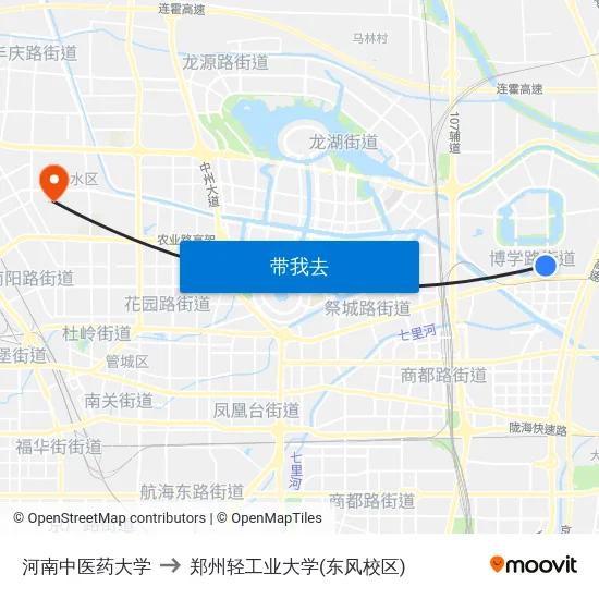 河南中医药大学 to 郑州轻工业大学(东风校区) map
