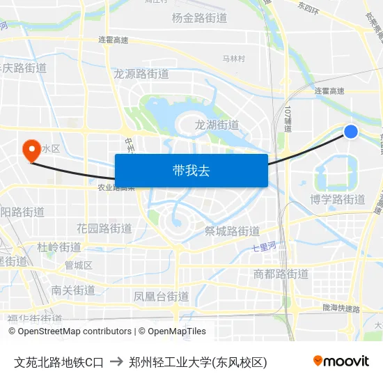 文苑北路地铁C口 to 郑州轻工业大学(东风校区) map