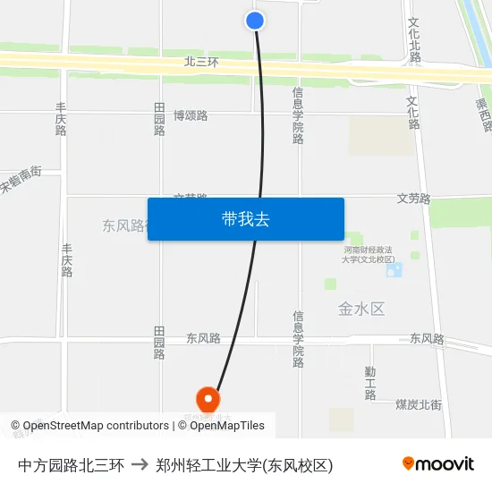 中方园路北三环 to 郑州轻工业大学(东风校区) map
