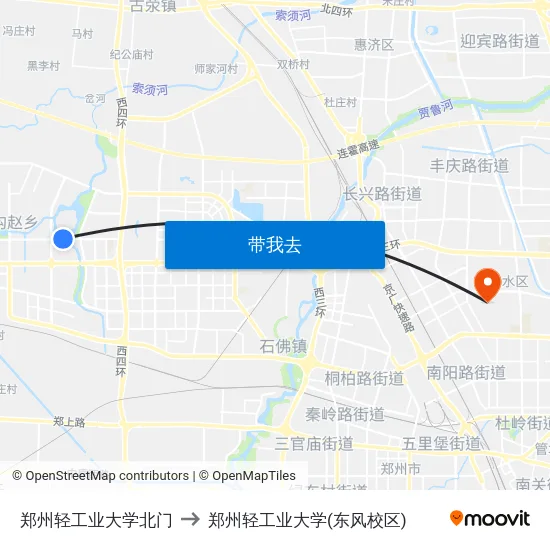 郑州轻工业大学北门 to 郑州轻工业大学(东风校区) map