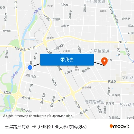王屋路泾河路 to 郑州轻工业大学(东风校区) map