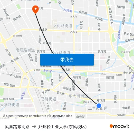 凤凰路东明路 to 郑州轻工业大学(东风校区) map