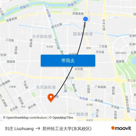 刘庄 Liuzhuang to 郑州轻工业大学(东风校区) map