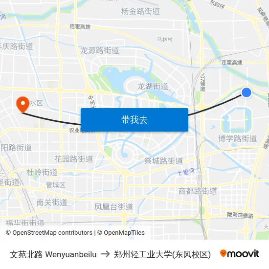 文苑北路 Wenyuanbeilu to 郑州轻工业大学(东风校区) map
