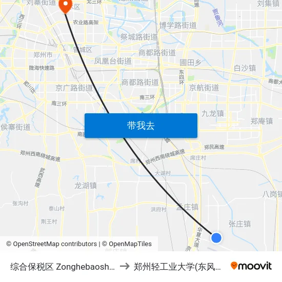 综合保税区 Zonghebaoshuiqu to 郑州轻工业大学(东风校区) map