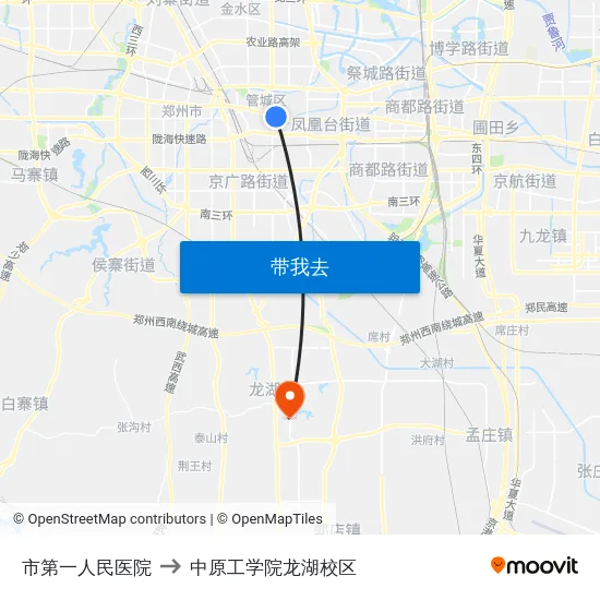 市第一人民医院 to 中原工学院龙湖校区 map