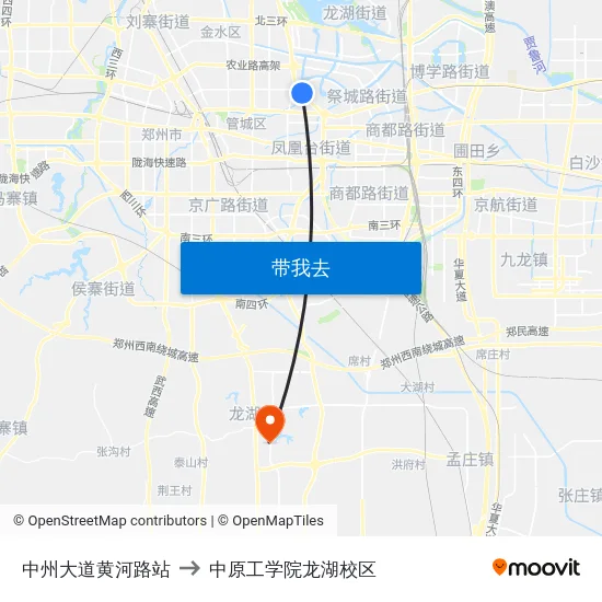 中州大道黄河路站 to 中原工学院龙湖校区 map