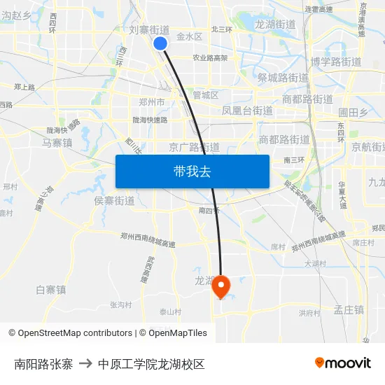 南阳路张寨 to 中原工学院龙湖校区 map