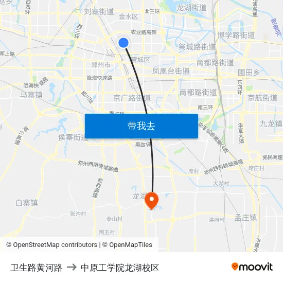卫生路黄河路 to 中原工学院龙湖校区 map