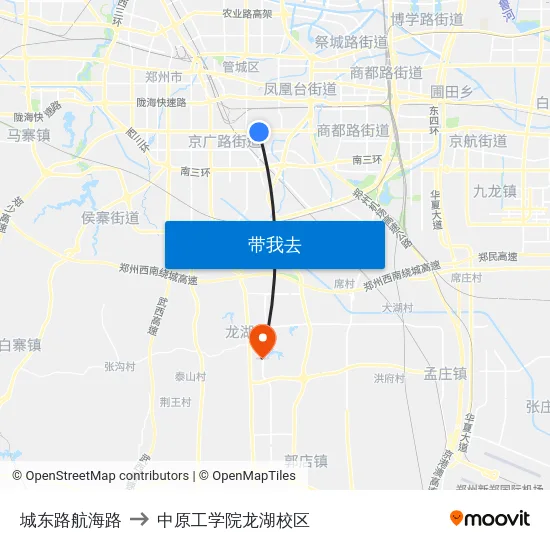 城东路航海路 to 中原工学院龙湖校区 map