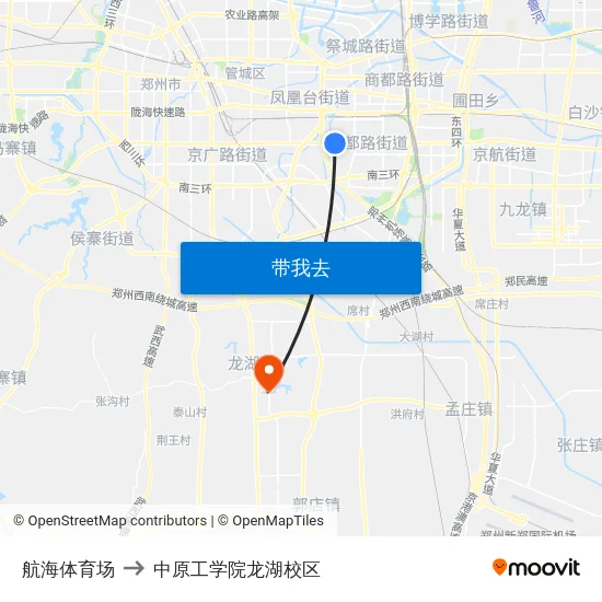 航海体育场 to 中原工学院龙湖校区 map