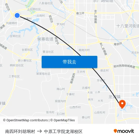 南四环刘胡垌村 to 中原工学院龙湖校区 map