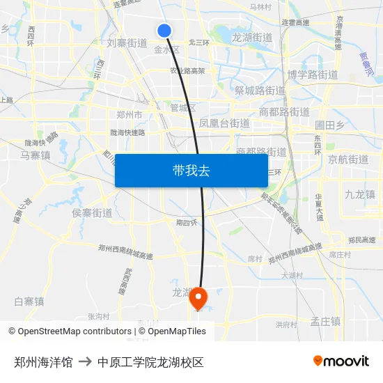 郑州海洋馆 to 中原工学院龙湖校区 map