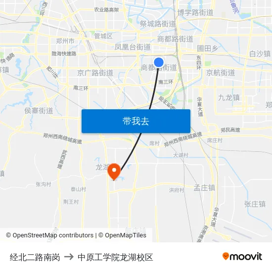 经北二路南岗 to 中原工学院龙湖校区 map